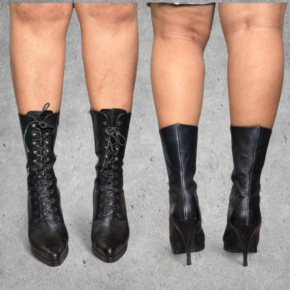 INSANE Vtg Y2K BEBE Black Lace-Up Combat Leather Heeled Boots- US 9/8.5/8